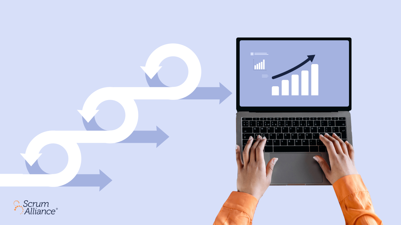 Scrum feedback loops and a person looking at an upward trend on a graph